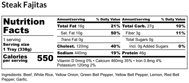 Nutritional Facts - Steak Fajitas 6oz